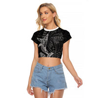 Hawaiian Monk Seal and Whale Raglan Cropped T Shirt Kakau Tribal Pattern Grayscale LT03 Female Black - Polynesian Pride