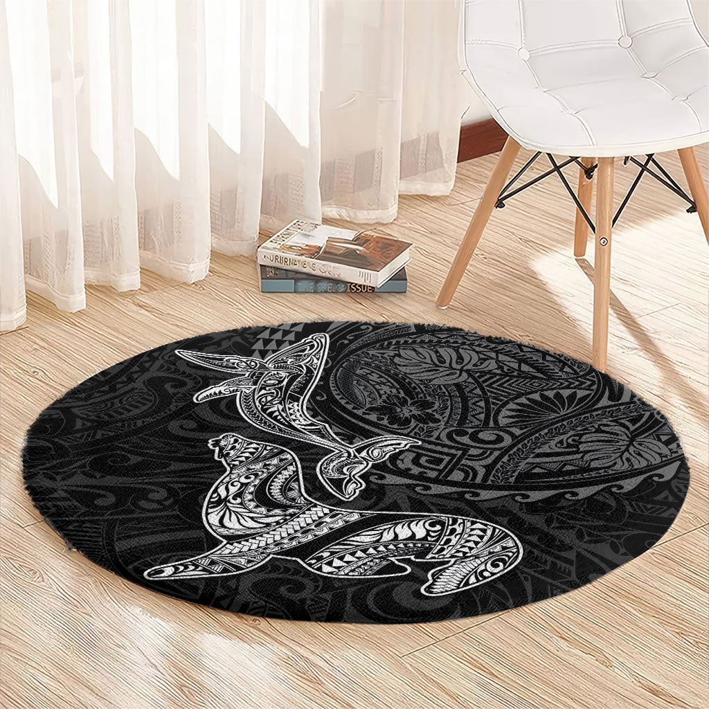 Hawaiian Monk Seal and Whale Round Carpet Kakau Tribal Pattern Grayscale LT03 - Polynesian Pride