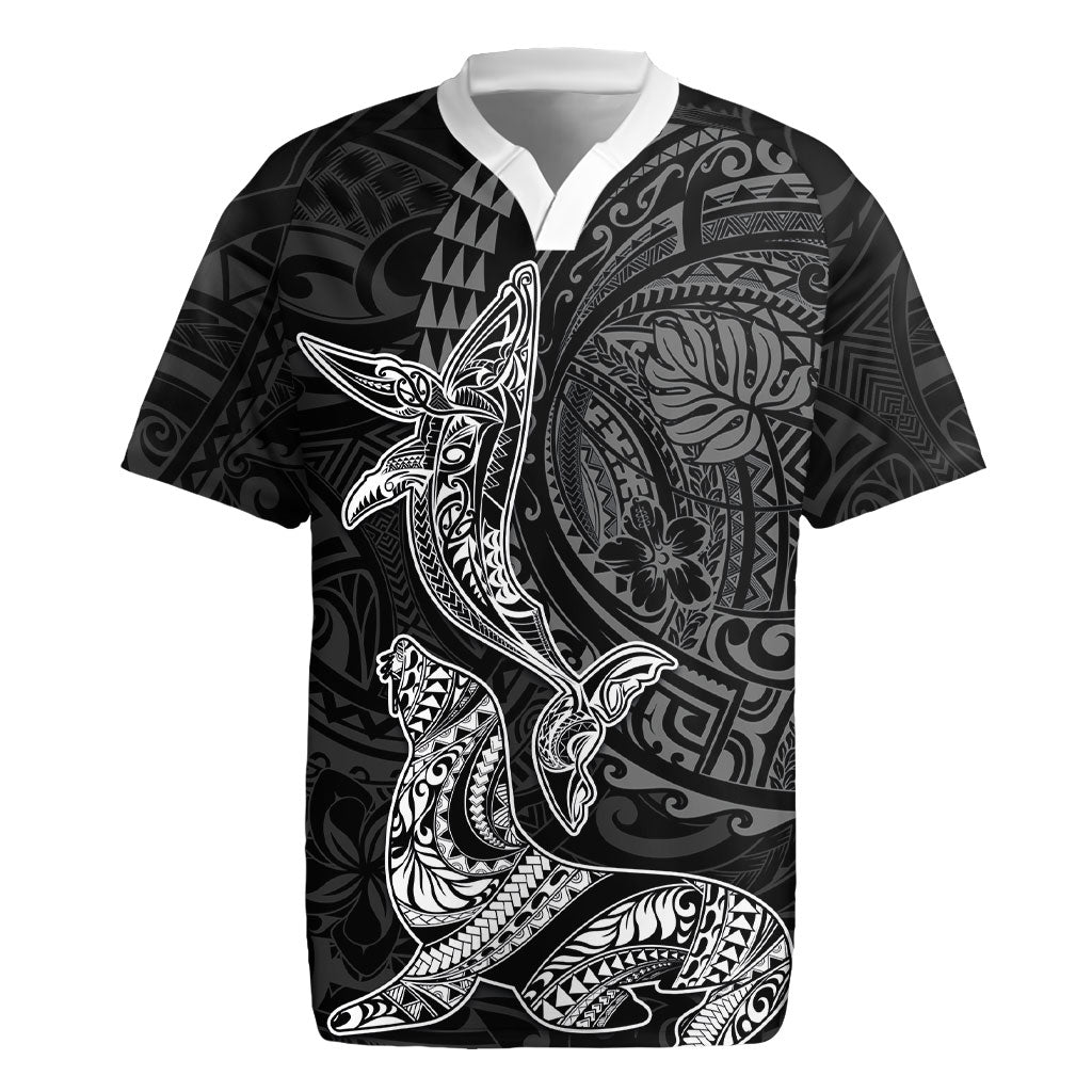 Hawaiian Monk Seal and Whale Rugby Jersey Kakau Tribal Pattern Grayscale LT03 Black - Polynesian Pride