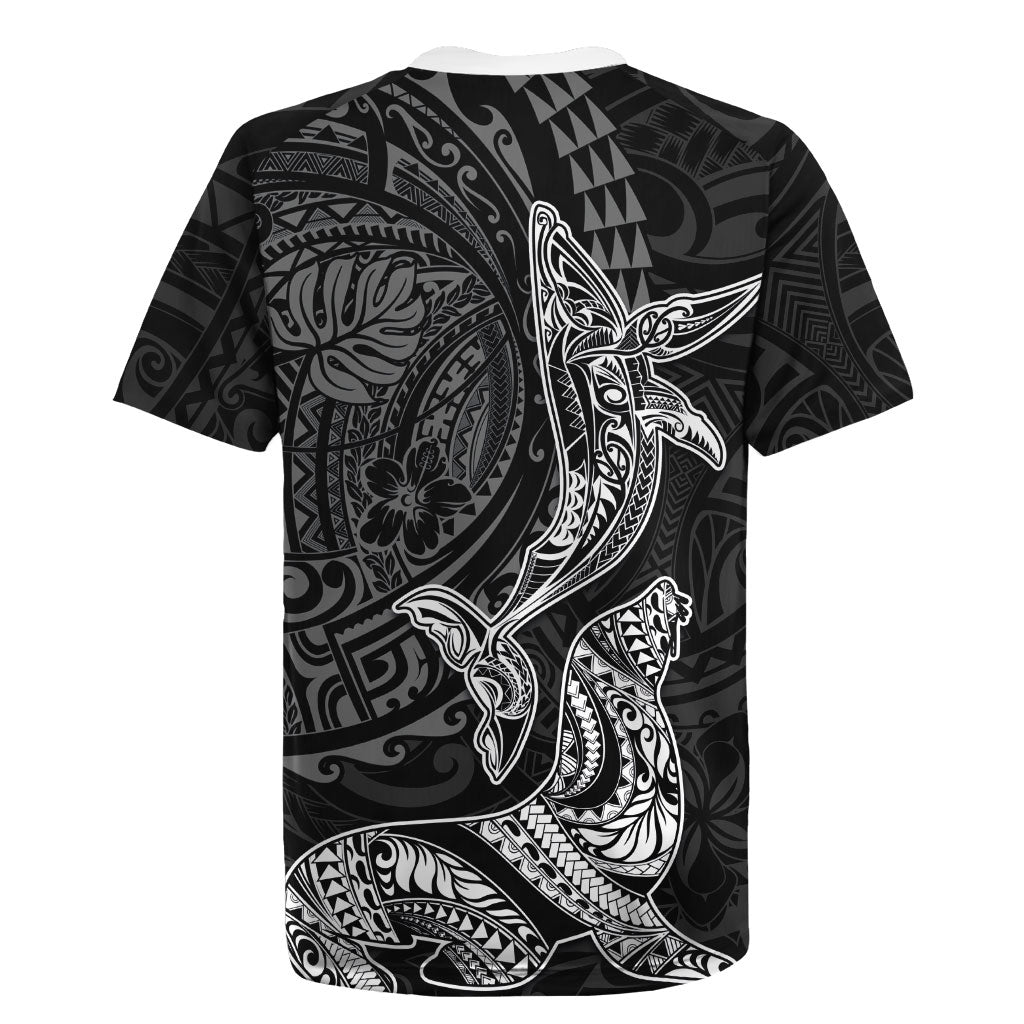 Hawaiian Monk Seal and Whale Rugby Jersey Kakau Tribal Pattern Grayscale LT03 - Polynesian Pride
