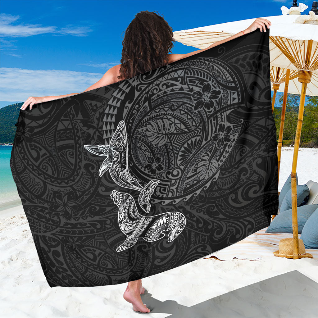 Hawaiian Monk Seal and Whale Sarong Kakau Tribal Pattern Grayscale LT03 One Size 44 x 66 inches Black - Polynesian Pride