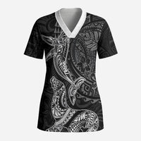 Hawaiian Monk Seal and Whale Scrub Top Kakau Tribal Pattern Grayscale LT03 Adult Black - Polynesian Pride