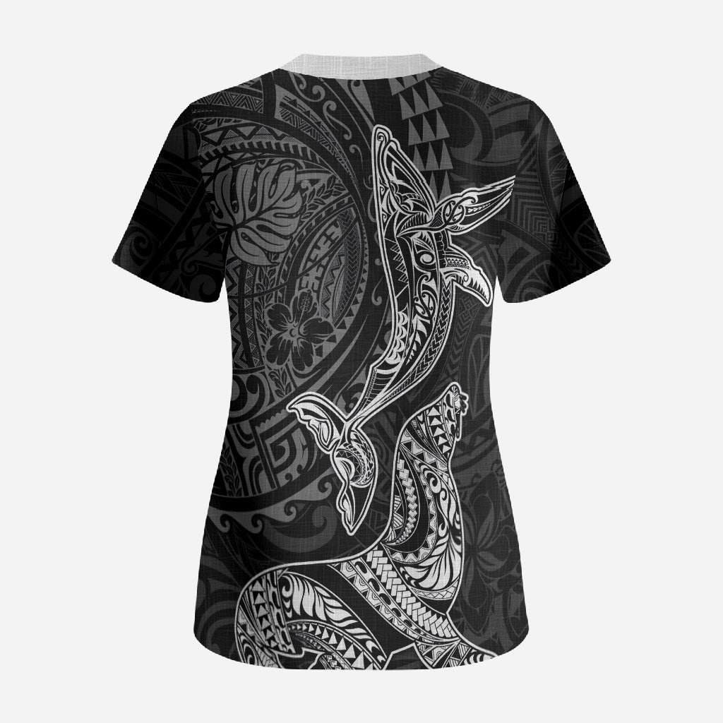 Hawaiian Monk Seal and Whale Scrub Top Kakau Tribal Pattern Grayscale LT03 - Polynesian Pride