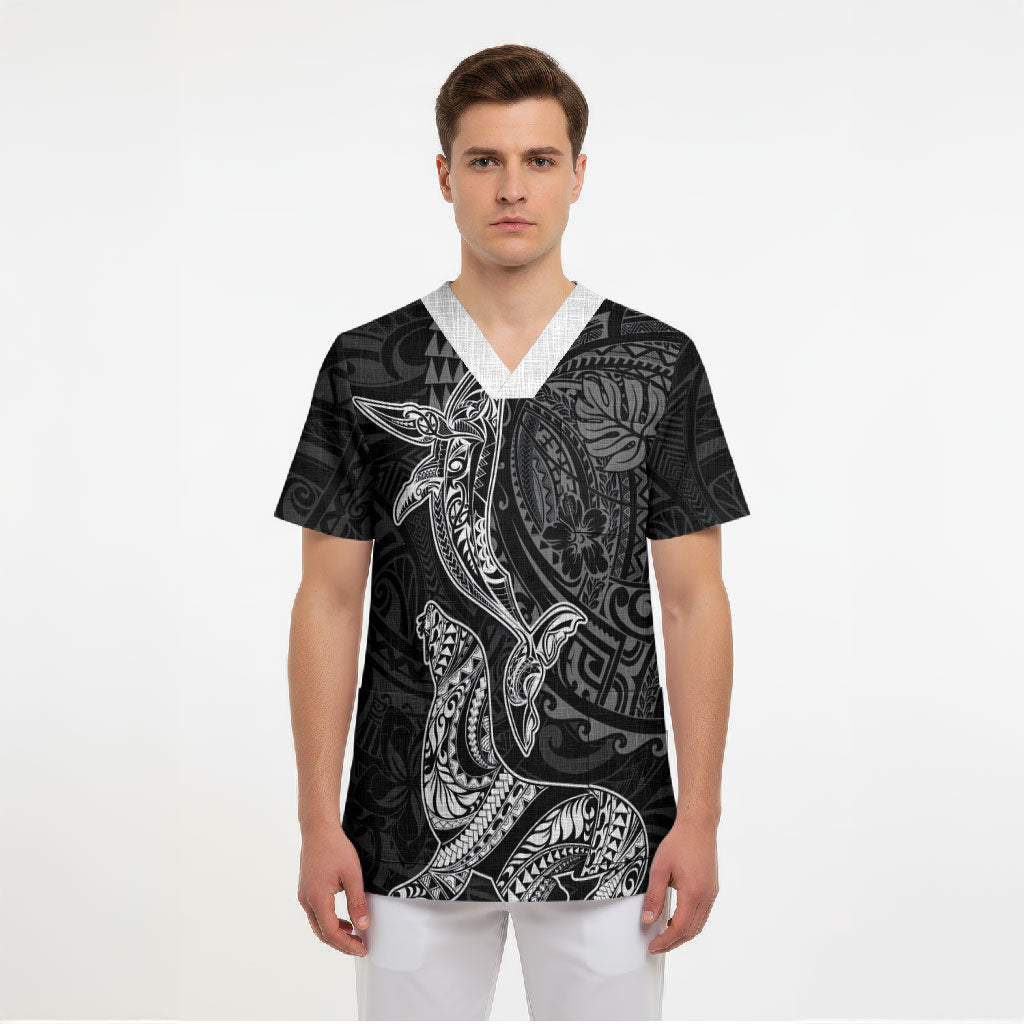 Hawaiian Monk Seal and Whale Scrub Top Kakau Tribal Pattern Grayscale LT03 - Polynesian Pride