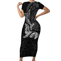 Hawaiian Monk Seal and Whale Short Sleeve Bodycon Dress Kakau Tribal Pattern Grayscale LT03 Long Dress Black - Polynesian Pride