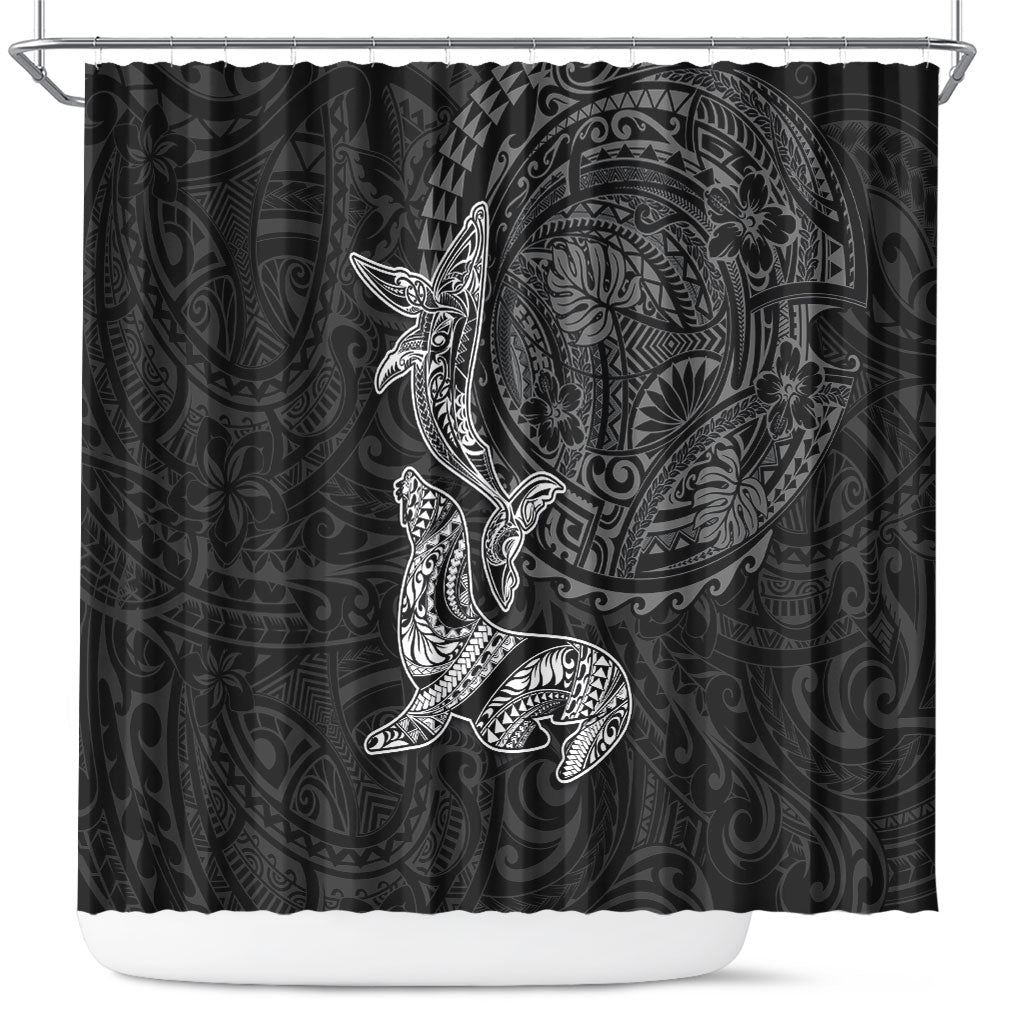 Hawaiian Monk Seal and Whale Shower Curtain Kakau Tribal Pattern Grayscale LT03 Black - Polynesian Pride