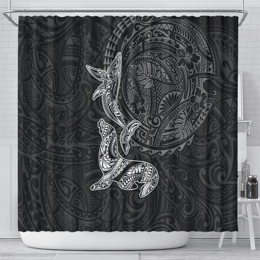 Hawaiian Monk Seal and Whale Shower Curtain Kakau Tribal Pattern Grayscale LT03 - Polynesian Pride