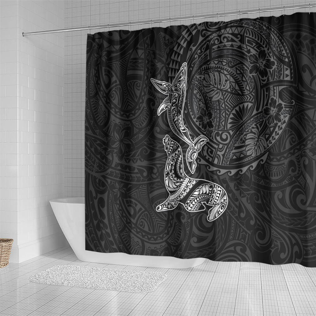 Hawaiian Monk Seal and Whale Shower Curtain Kakau Tribal Pattern Grayscale LT03 - Polynesian Pride