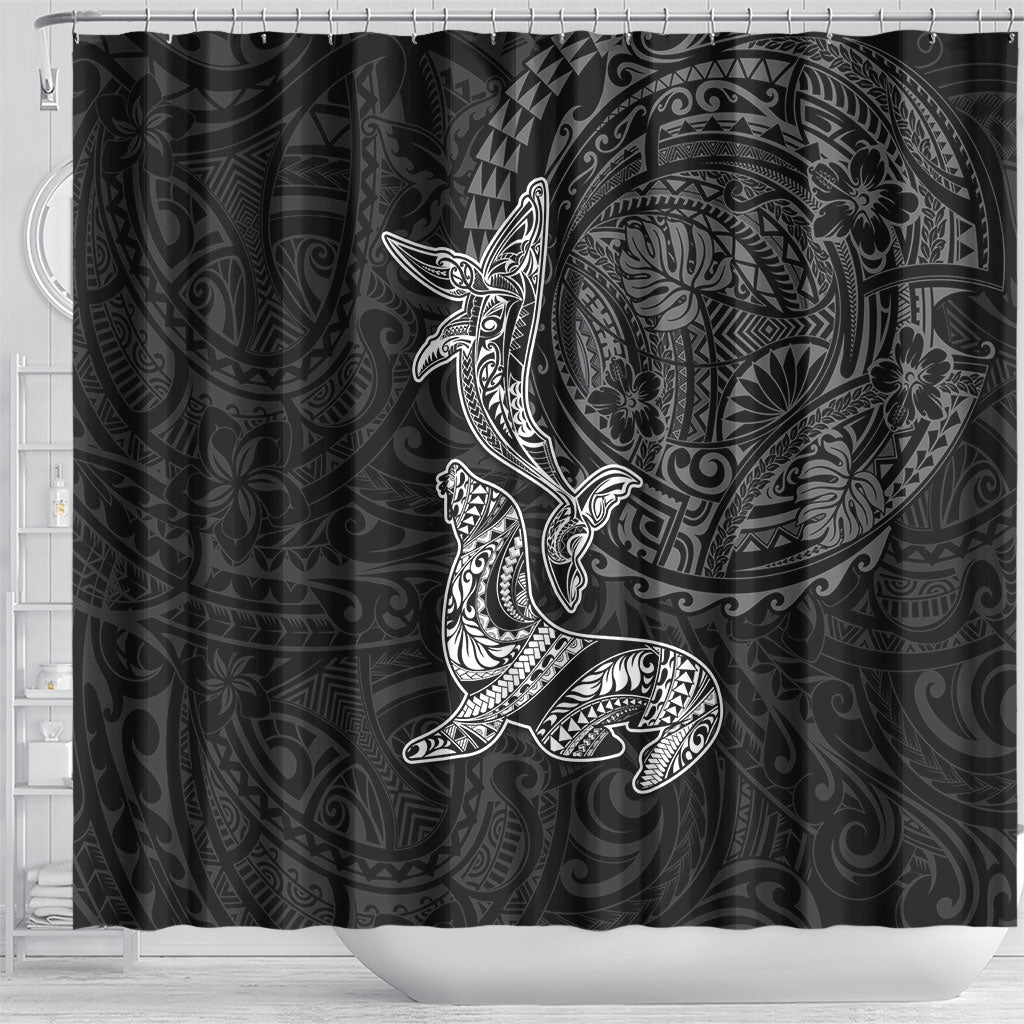 Hawaiian Monk Seal and Whale Shower Curtain Kakau Tribal Pattern Grayscale LT03 - Polynesian Pride