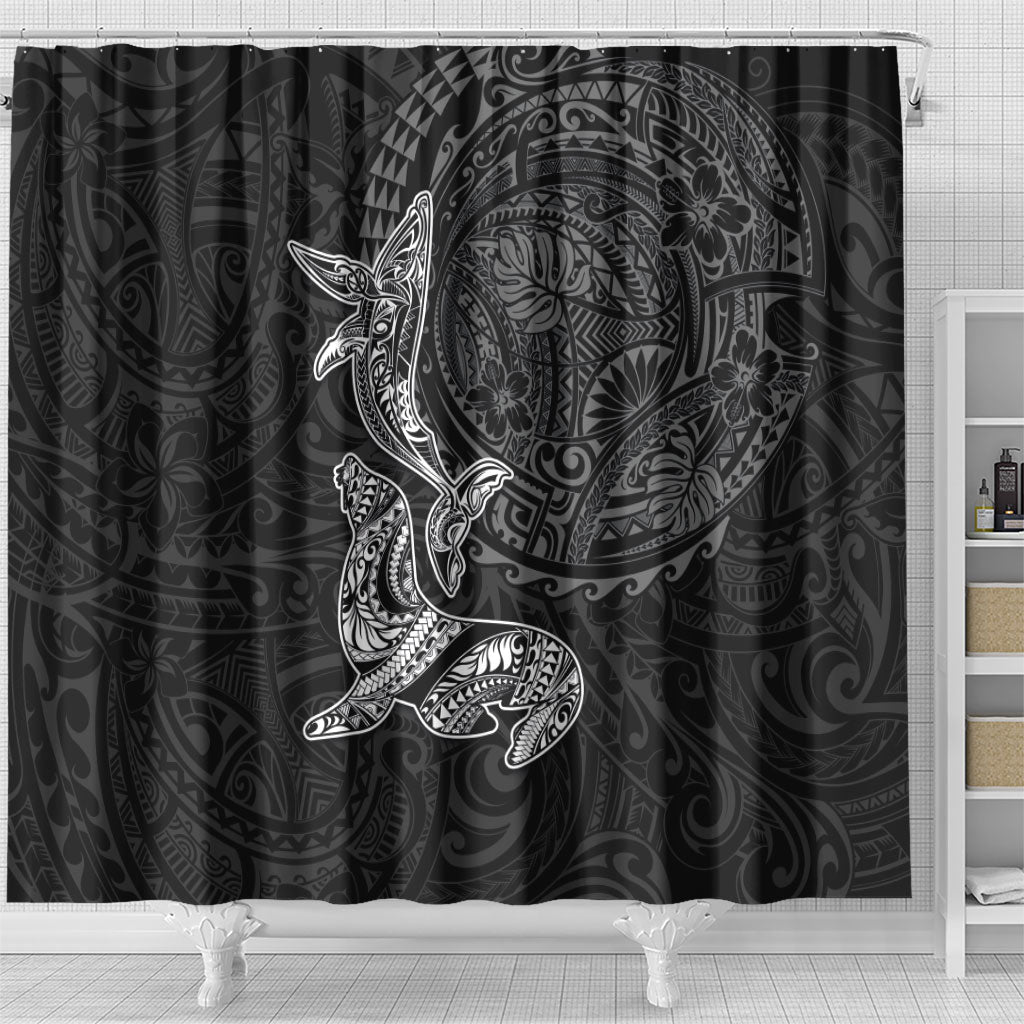 Hawaiian Monk Seal and Whale Shower Curtain Kakau Tribal Pattern Grayscale LT03 - Polynesian Pride