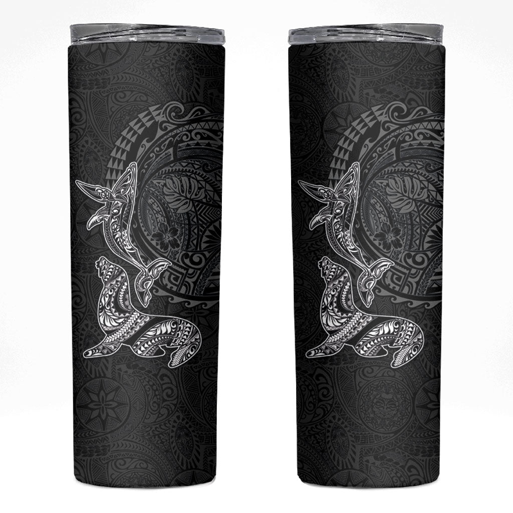Hawaiian Monk Seal and Whale Skinny Tumbler Kakau Tribal Pattern Grayscale LT03 Black - Polynesian Pride