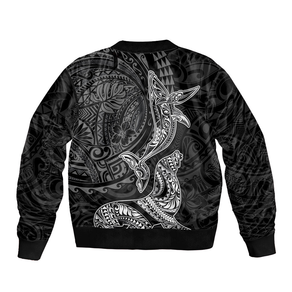 Hawaiian Monk Seal and Whale Sleeve Zip Bomber Jacket Kakau Tribal Pattern Grayscale LT03 - Polynesian Pride