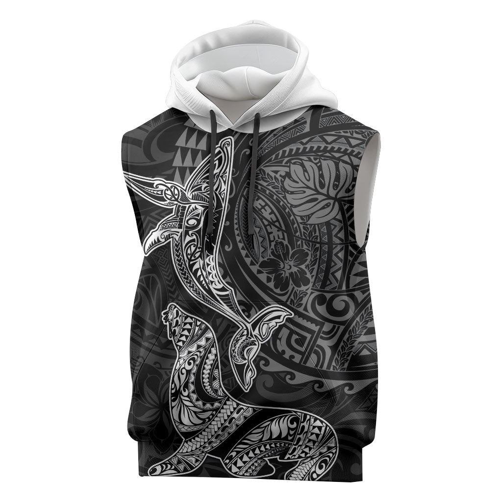 Hawaiian Monk Seal and Whale Sleeveless Hoodie Kakau Tribal Pattern Grayscale LT03 Black - Polynesian Pride