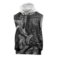 Hawaiian Monk Seal and Whale Sleeveless Hoodie Kakau Tribal Pattern Grayscale LT03 Black - Polynesian Pride