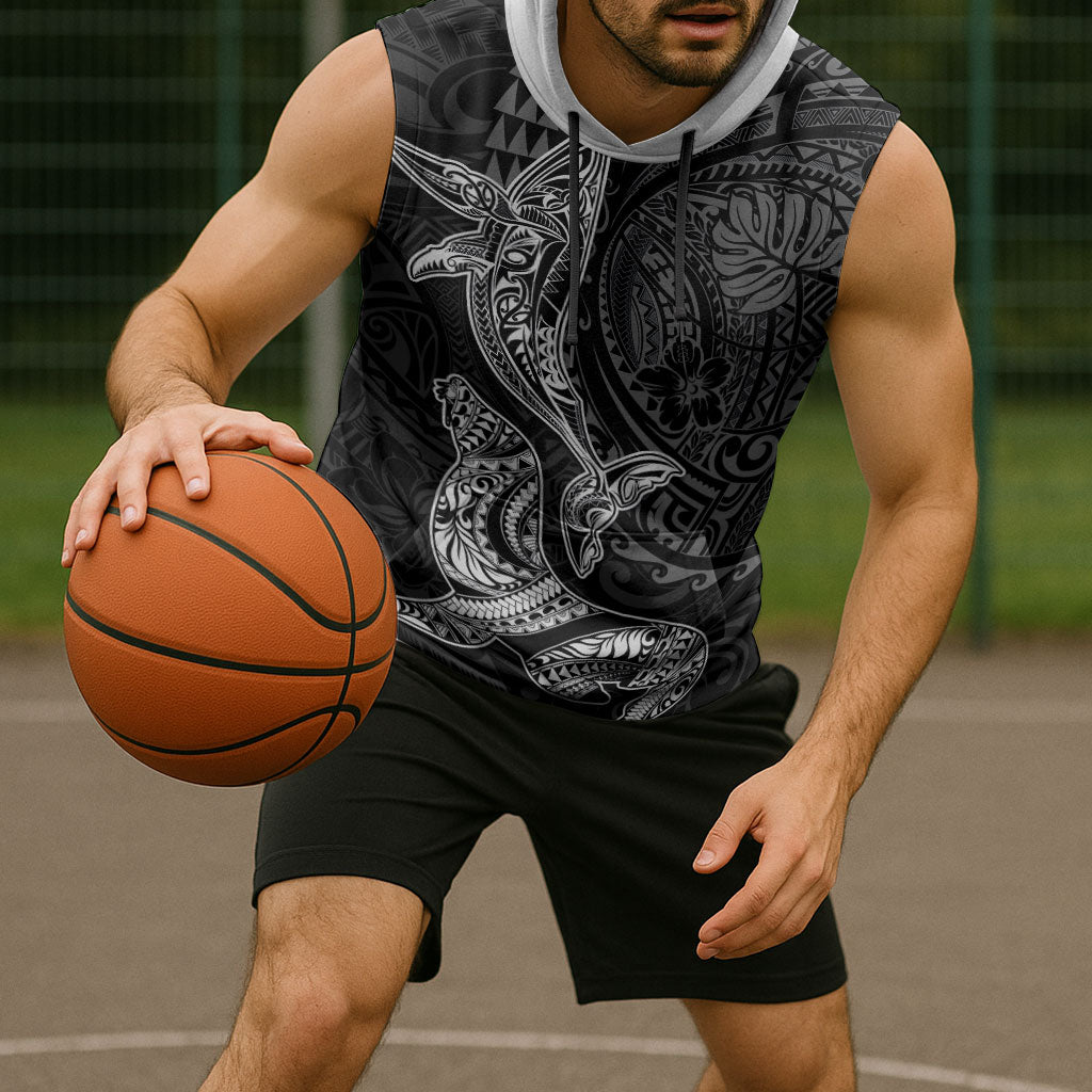 Hawaiian Monk Seal and Whale Sleeveless Hoodie Kakau Tribal Pattern Grayscale LT03 - Polynesian Pride