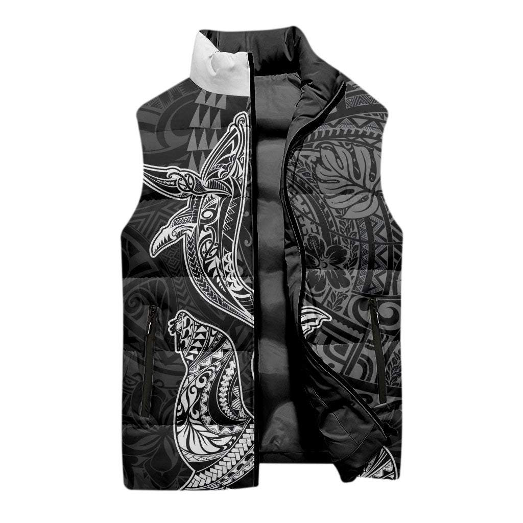 Hawaiian Monk Seal and Whale Sleeveless Puffer Jacket Kakau Tribal Pattern Grayscale LT03 - Polynesian Pride