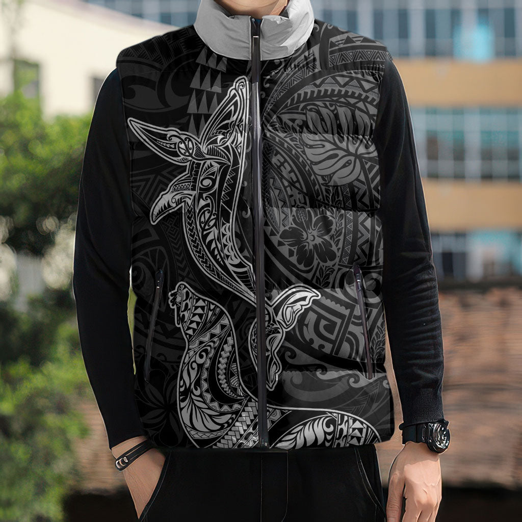 Hawaiian Monk Seal and Whale Sleeveless Puffer Jacket Kakau Tribal Pattern Grayscale LT03 - Polynesian Pride