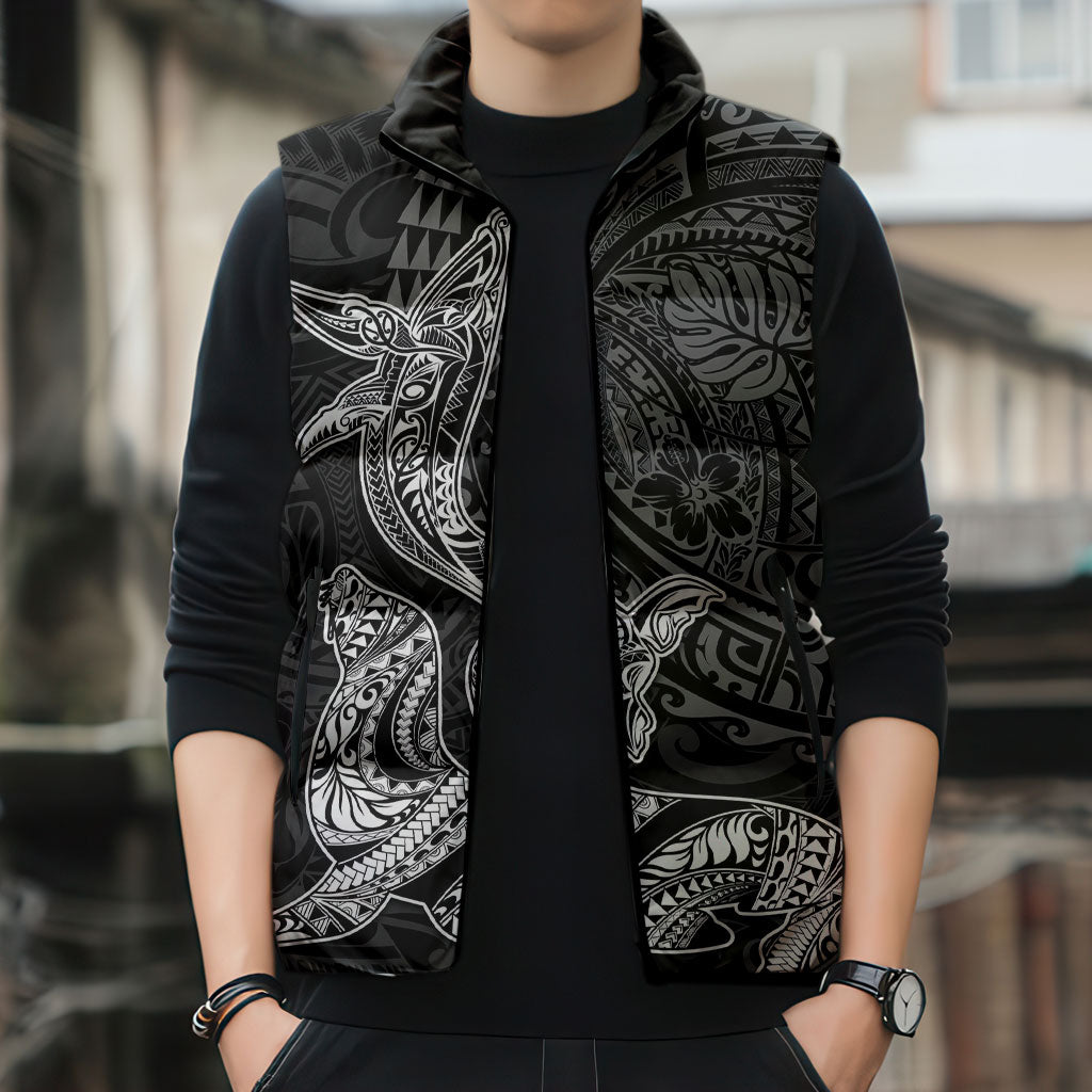 Hawaiian Monk Seal and Whale Sleeveless Puffer Jacket Kakau Tribal Pattern Grayscale LT03 - Polynesian Pride