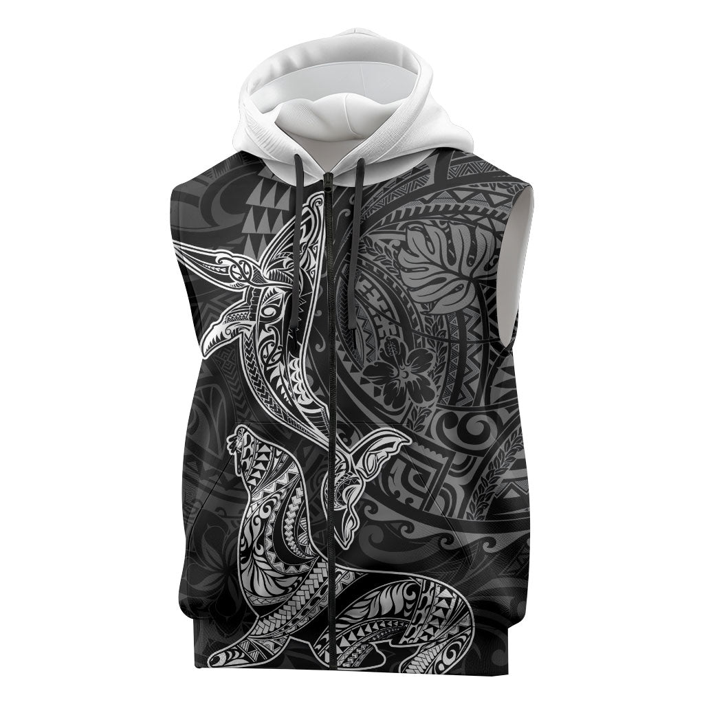 Hawaiian Monk Seal and Whale Sleeveless Zip Hoodie Kakau Tribal Pattern Grayscale LT03 Black - Polynesian Pride