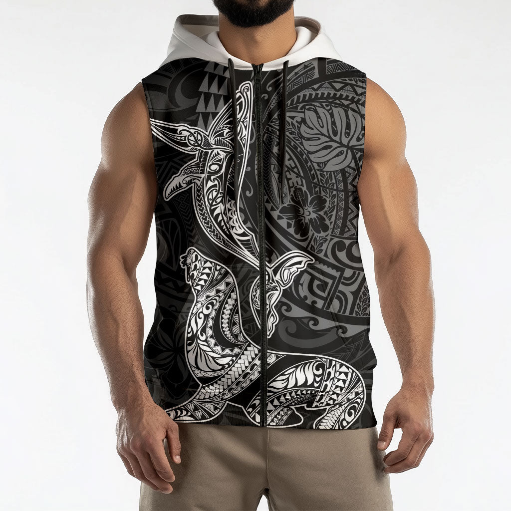 Hawaiian Monk Seal and Whale Sleeveless Zip Hoodie Kakau Tribal Pattern Grayscale LT03 - Polynesian Pride