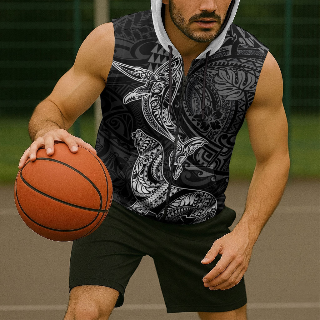 Hawaiian Monk Seal and Whale Sleeveless Zip Hoodie Kakau Tribal Pattern Grayscale LT03 - Polynesian Pride