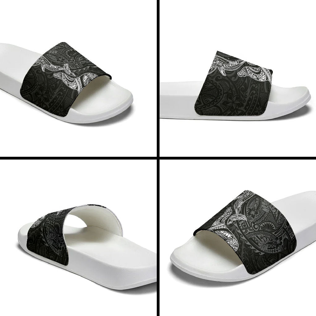 Hawaiian Monk Seal and Whale Slide Sandals Kakau Tribal Pattern Grayscale LT03 - Polynesian Pride