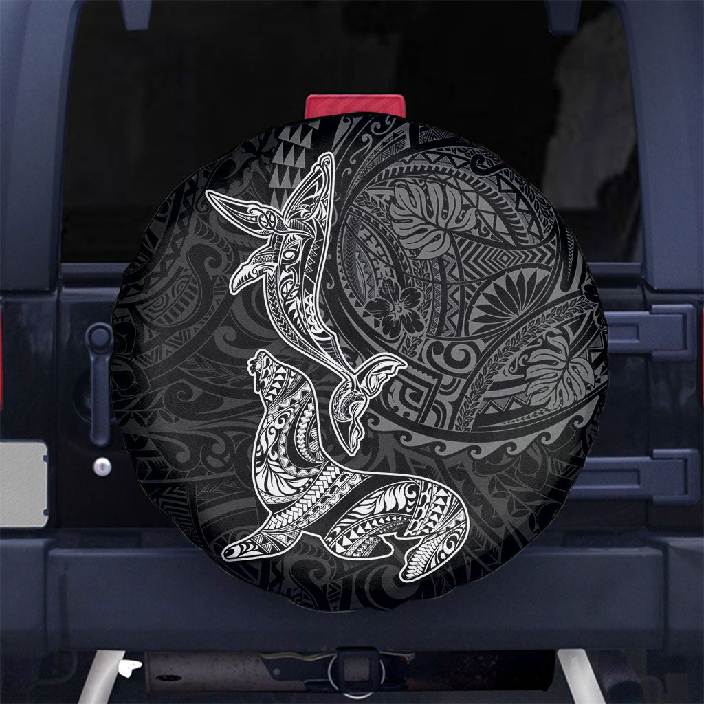Hawaiian Monk Seal and Whale Spare Tire Cover Kakau Tribal Pattern Grayscale LT03 No hole Black - Polynesian Pride