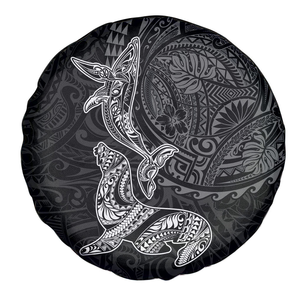 Hawaiian Monk Seal and Whale Spare Tire Cover Kakau Tribal Pattern Grayscale