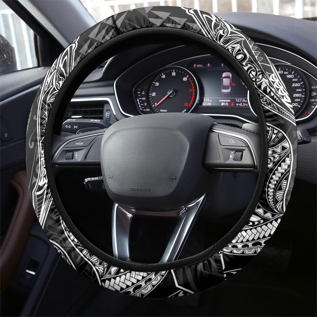 Hawaiian Monk Seal and Whale Steering Wheel Cover Kakau Tribal Pattern Grayscale LT03 - Polynesian Pride