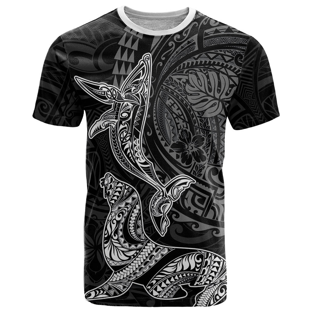 Hawaiian Monk Seal and Whale T Shirt Kakau Tribal Pattern Grayscale LT03 Black - Polynesian Pride