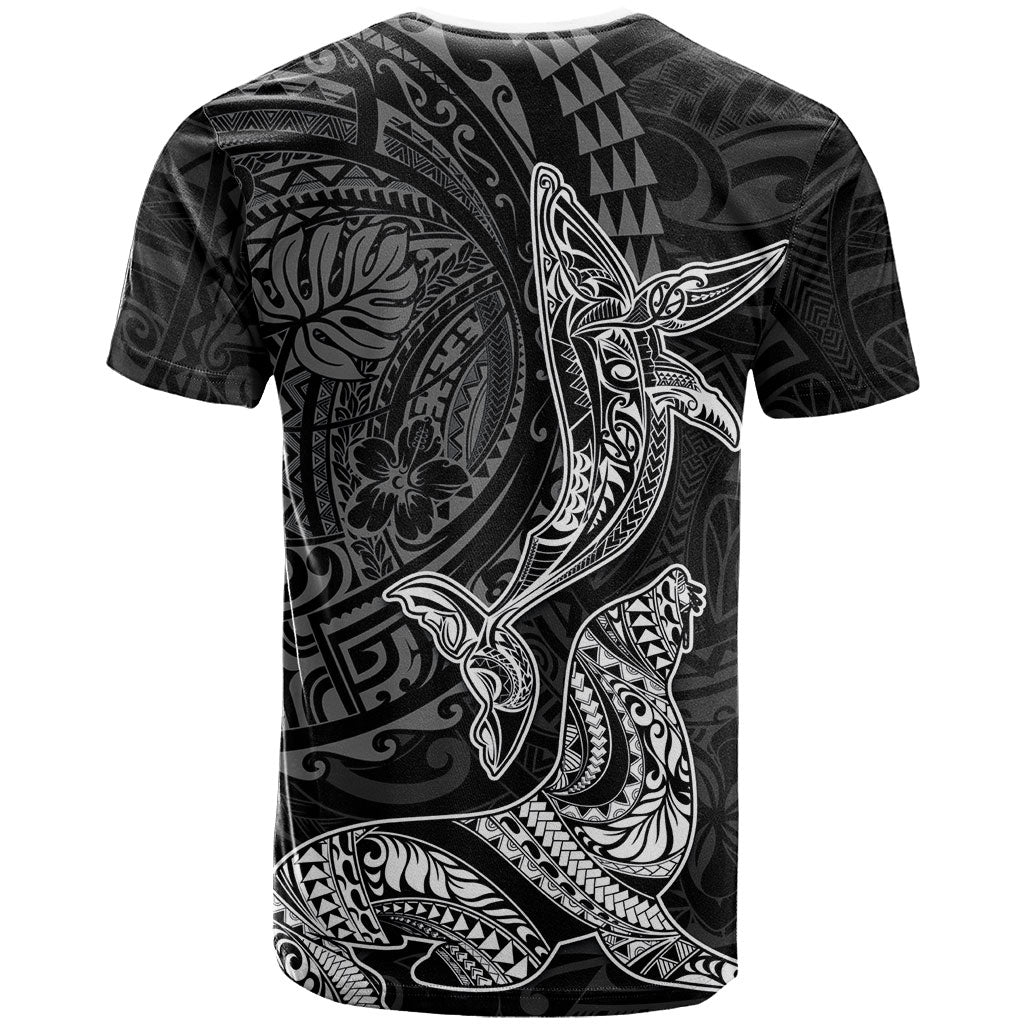 Hawaiian Monk Seal and Whale T Shirt Kakau Tribal Pattern Grayscale LT03 - Polynesian Pride