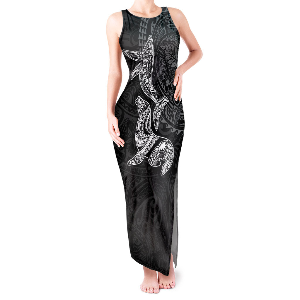 Hawaiian Monk Seal and Whale Tank Maxi Dress Kakau Tribal Pattern Grayscale LT03 Women Black - Polynesian Pride