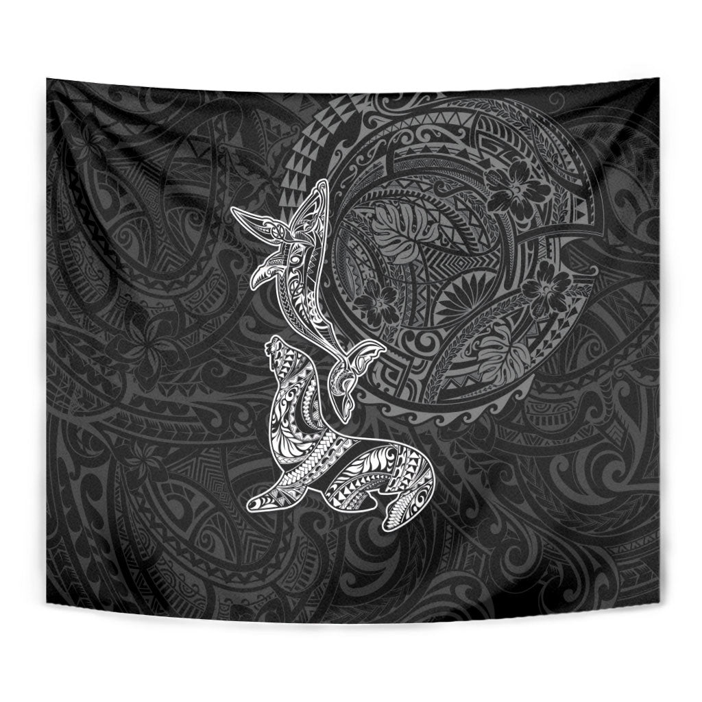 Hawaiian Monk Seal and Whale Tapestry Kakau Tribal Pattern Grayscale LT03 - Polynesian Pride