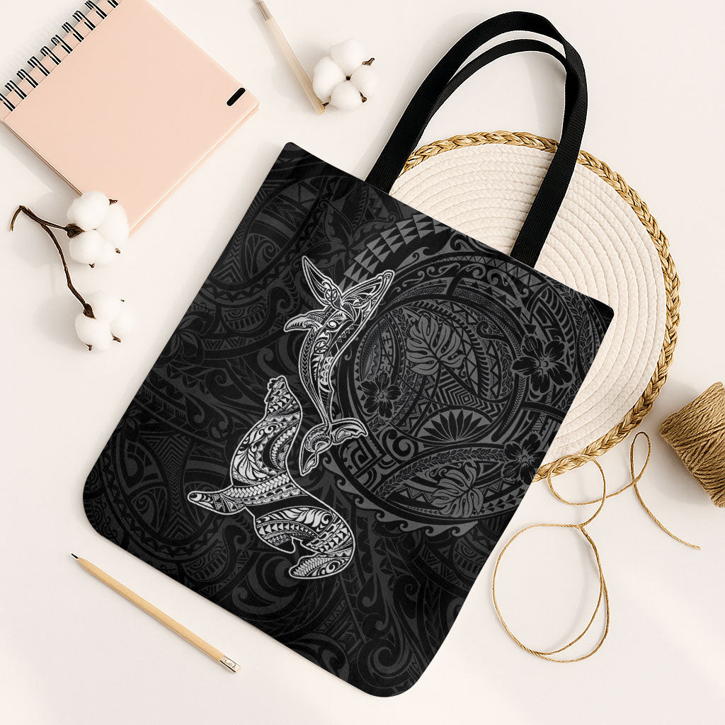 Hawaiian Monk Seal and Whale Tote Bag Kakau Tribal Pattern Grayscale LT03 Black Strap One Size Black - Polynesian Pride