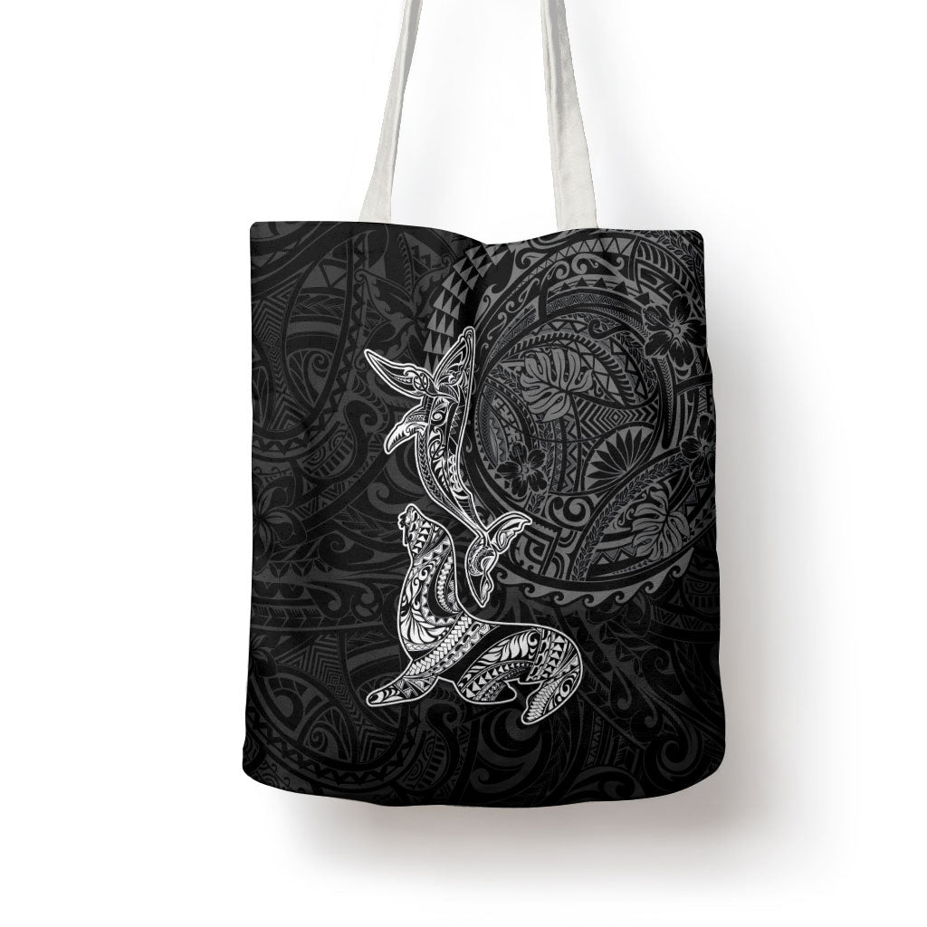 Hawaiian Monk Seal and Whale Tote Bag Kakau Tribal Pattern Grayscale LT03 - Polynesian Pride