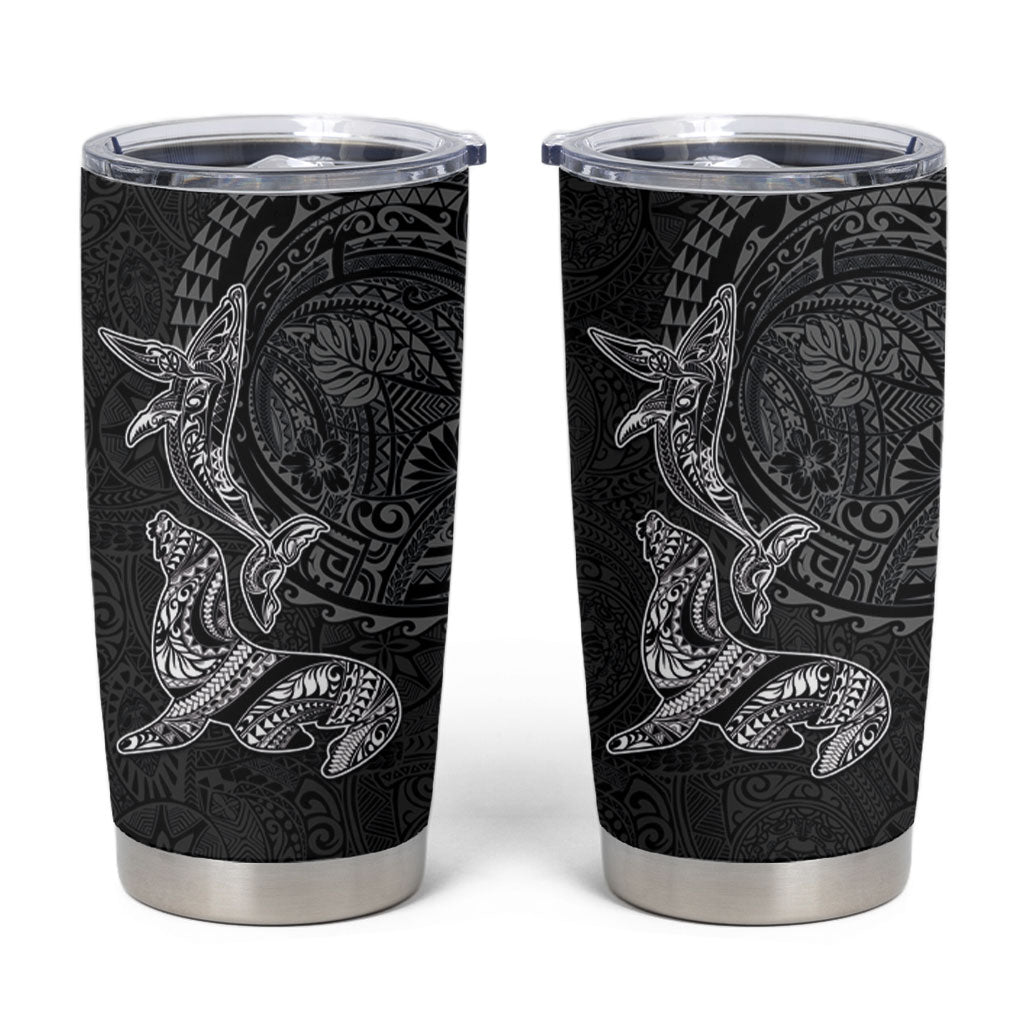 Hawaiian Monk Seal and Whale Tumbler Cup Kakau Tribal Pattern Grayscale