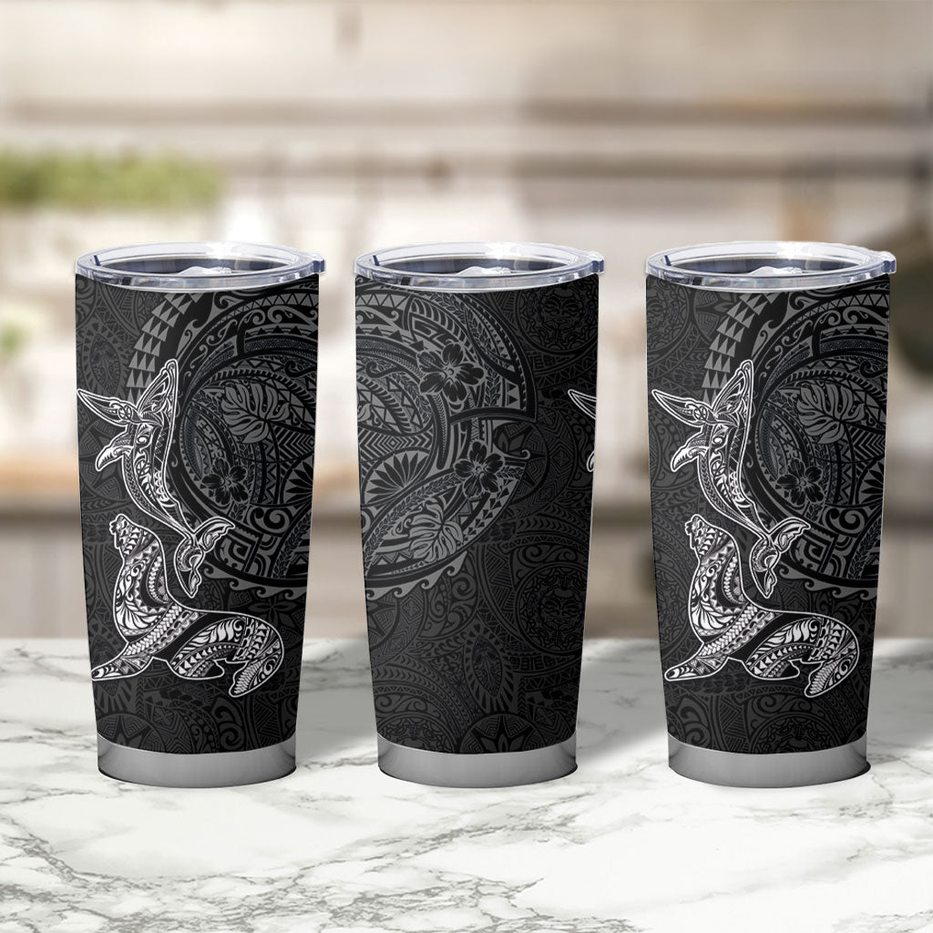 Hawaiian Monk Seal and Whale Tumbler Cup Kakau Tribal Pattern Grayscale
