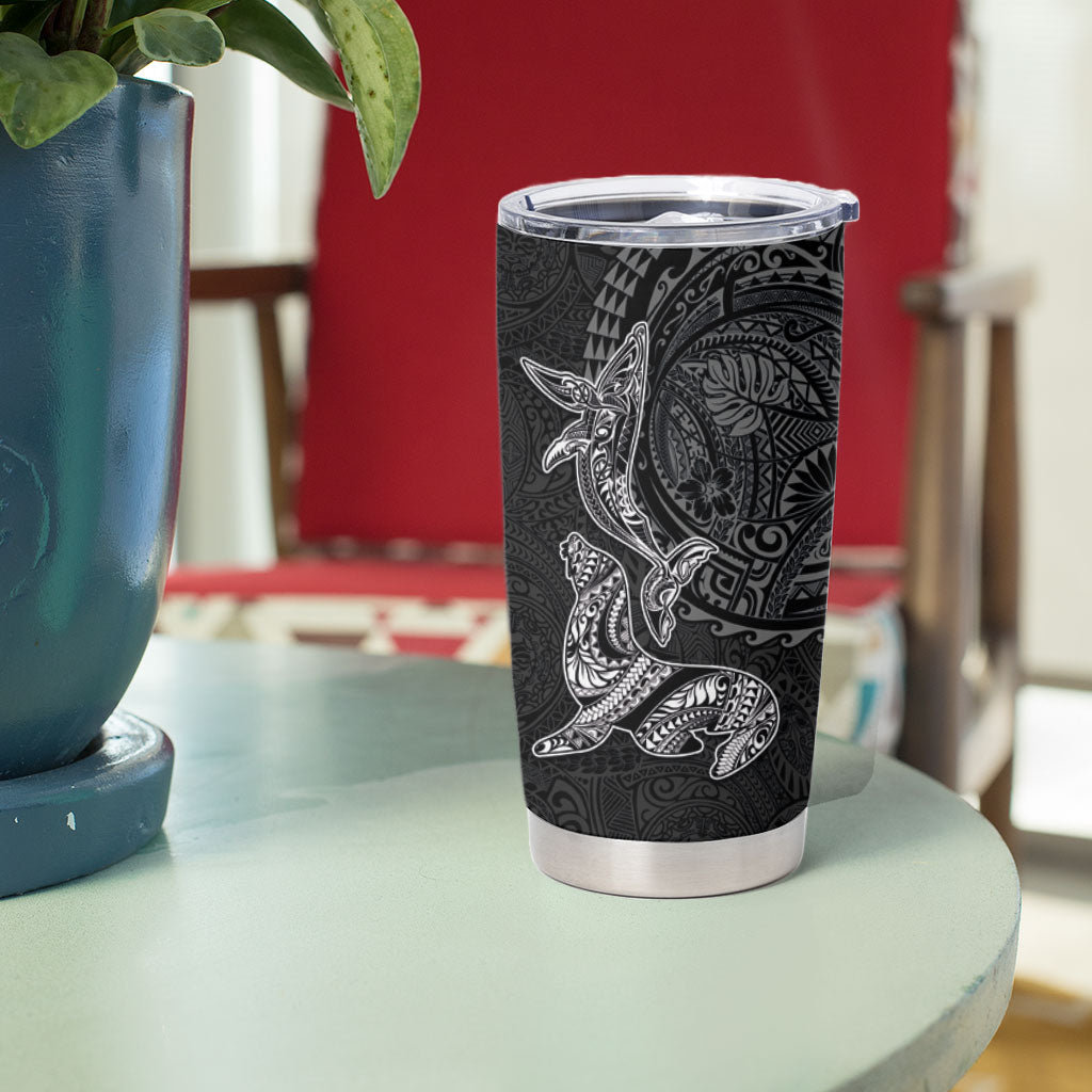 Hawaiian Monk Seal and Whale Tumbler Cup Kakau Tribal Pattern Grayscale
