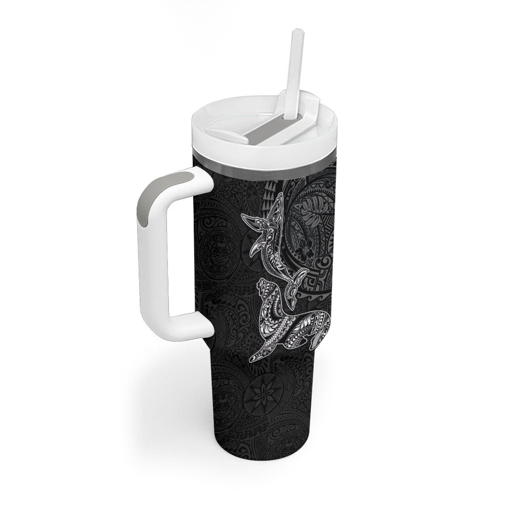 Hawaiian Monk Seal and Whale Tumbler With Handle Kakau Tribal Pattern Grayscale LT03 - Polynesian Pride