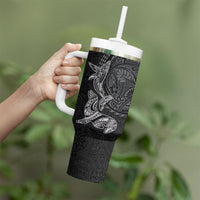 Hawaiian Monk Seal and Whale Tumbler With Handle Kakau Tribal Pattern Grayscale LT03 - Polynesian Pride