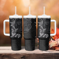 Hawaiian Monk Seal and Whale Tumbler With Handle Kakau Tribal Pattern Grayscale LT03 - Polynesian Pride