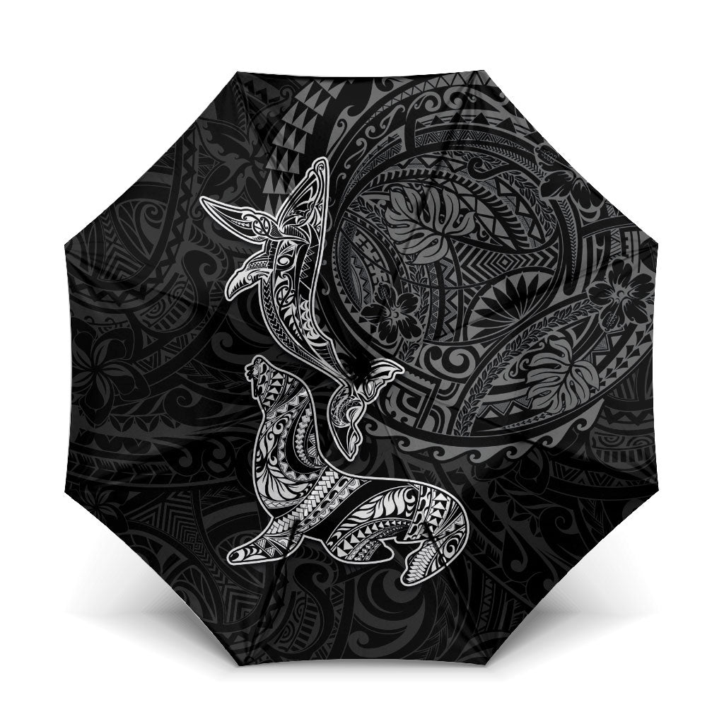 Hawaiian Monk Seal and Whale Umbrella Kakau Tribal Pattern Grayscale LT03 One Size Folded 11.42 inch Opened Diameter 37.4 inch Black - Polynesian Pride