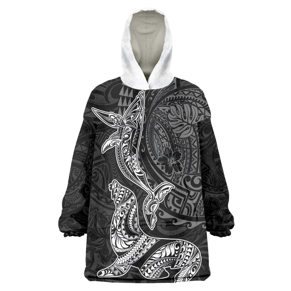 Hawaiian Monk Seal and Whale Wearable Blanket Hoodie Kakau Tribal Pattern Grayscale LT03 One Size Black - Polynesian Pride