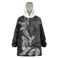 Hawaiian Monk Seal and Whale Wearable Blanket Hoodie Kakau Tribal Pattern Grayscale LT03 One Size Black - Polynesian Pride