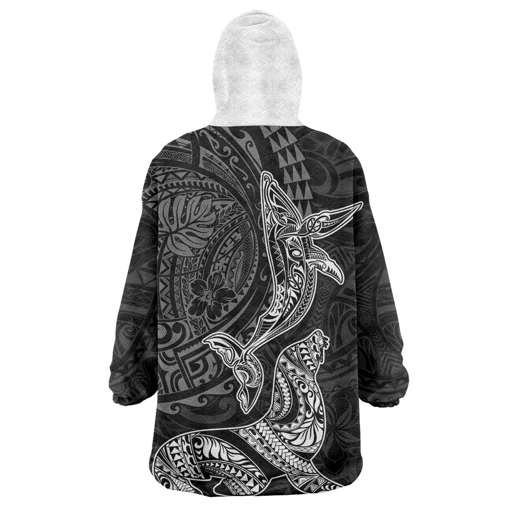 Hawaiian Monk Seal and Whale Wearable Blanket Hoodie Kakau Tribal Pattern Grayscale LT03 - Polynesian Pride