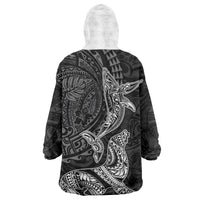 Hawaiian Monk Seal and Whale Wearable Blanket Hoodie Kakau Tribal Pattern Grayscale LT03 - Polynesian Pride