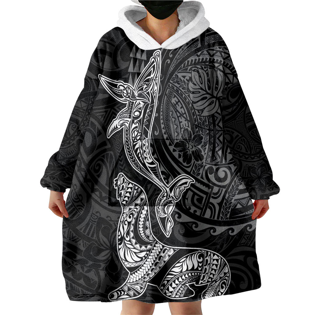 Hawaiian Monk Seal and Whale Wearable Blanket Hoodie Kakau Tribal Pattern Grayscale LT03 - Polynesian Pride