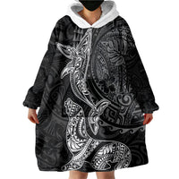 Hawaiian Monk Seal and Whale Wearable Blanket Hoodie Kakau Tribal Pattern Grayscale LT03 - Polynesian Pride