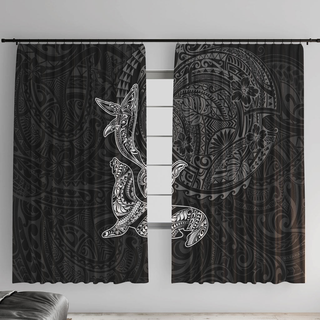 Hawaiian Monk Seal and Whale Window Curtain Kakau Tribal Pattern Grayscale