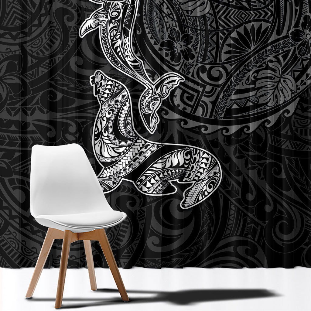 Hawaiian Monk Seal and Whale Window Curtain Kakau Tribal Pattern Grayscale